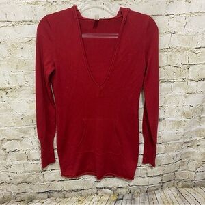 Gap Body Red Soft V Neck Hooded Pullover Thin Knit Sweater